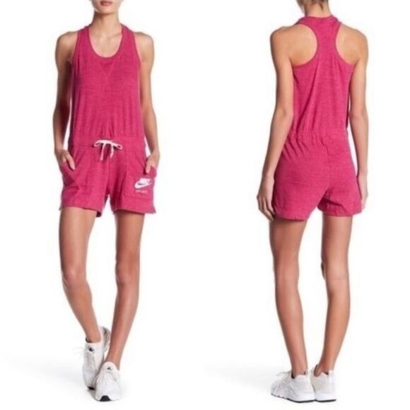 Nike Pink Logo Drawstring Drop Waist Racerback Romper - Picture 1 of 7